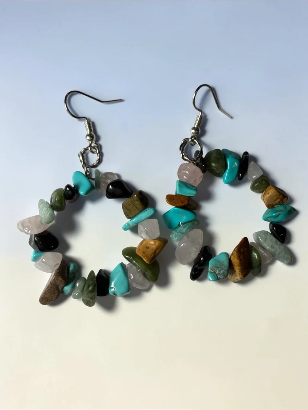 Handmade Gemstone Chip Hoop Earrings Multi-Colored Boho Dangles Earthcore